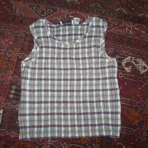 Lemon Grass Vintage 90s L Plaid Scrunch Tank Top Stretch Seersucker Brown Cotton